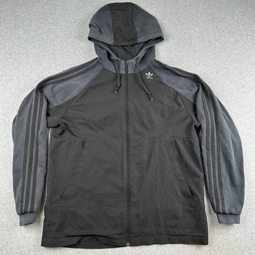Adidas Jacket Mens L Black Originals DV1968 Full Zip Hooded Windbreaker 3-Stripe